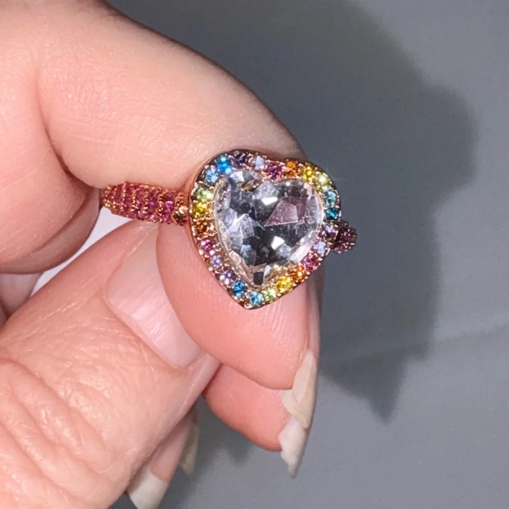 Kurt Geiger Heart Cocktail Ring Size 9 Rainbow Rose Gold Statement Pavé